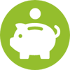 Green icon of a piggybank and coins