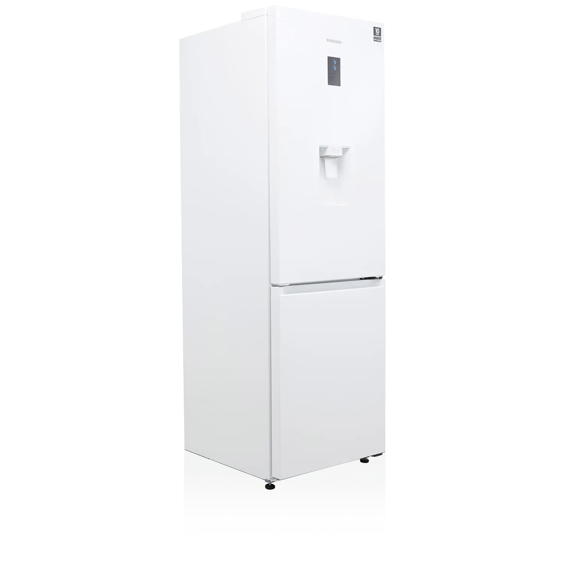 White Samsung refrigerator and freezer with a water dispenser  