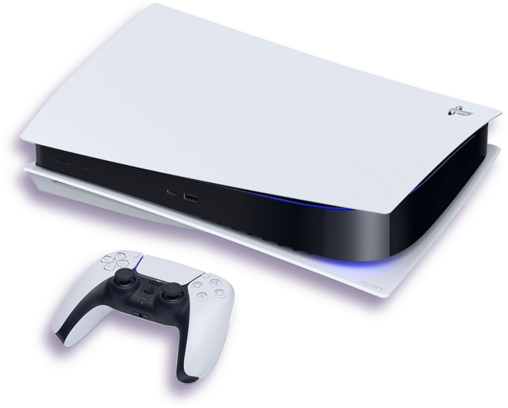 PlayStation 5 console in black and white next to a PS5 controller