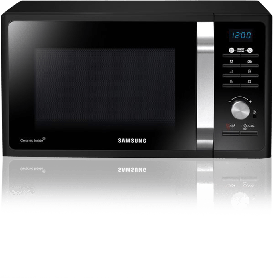 Black Samsung microwave with silver buttons and decals