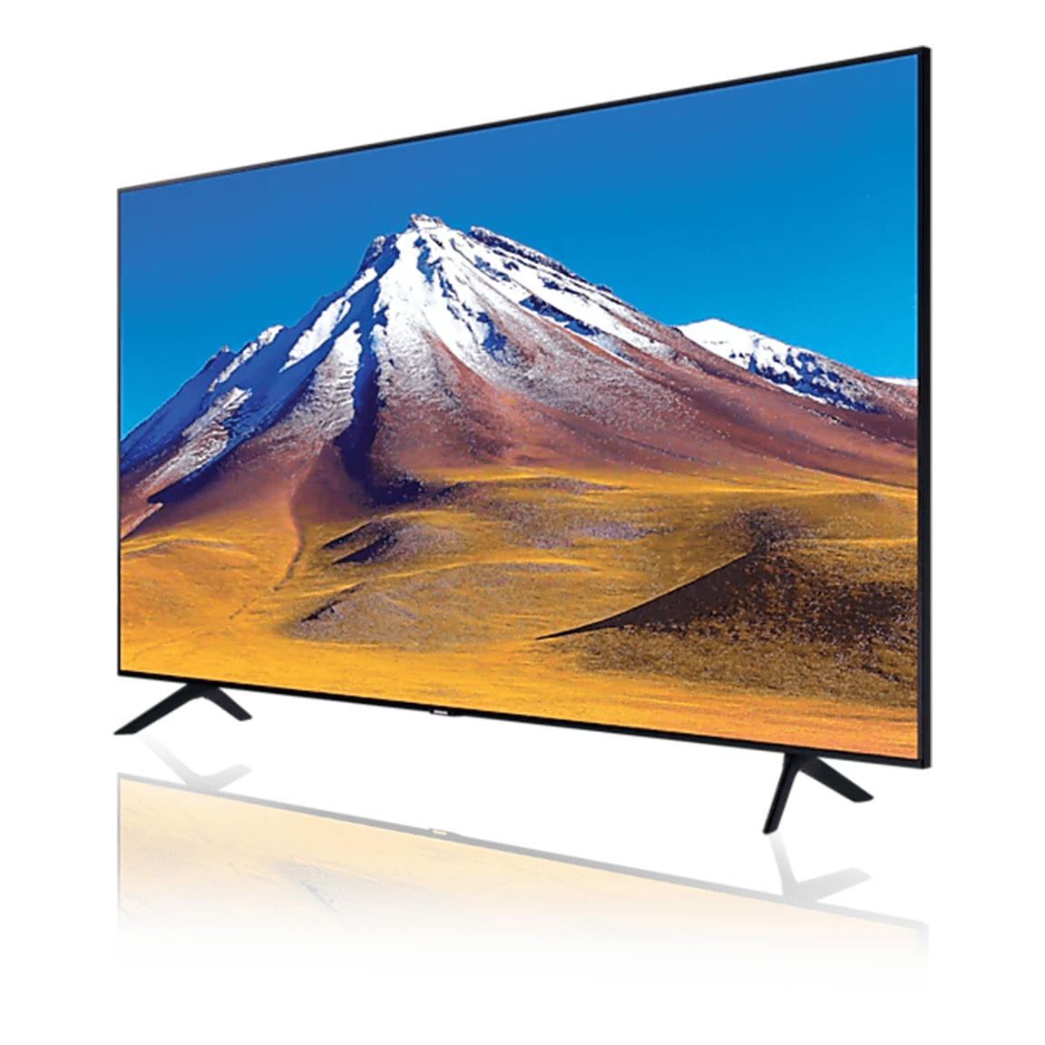 Black Samsung flat screen television displaying a picture of a large mountain