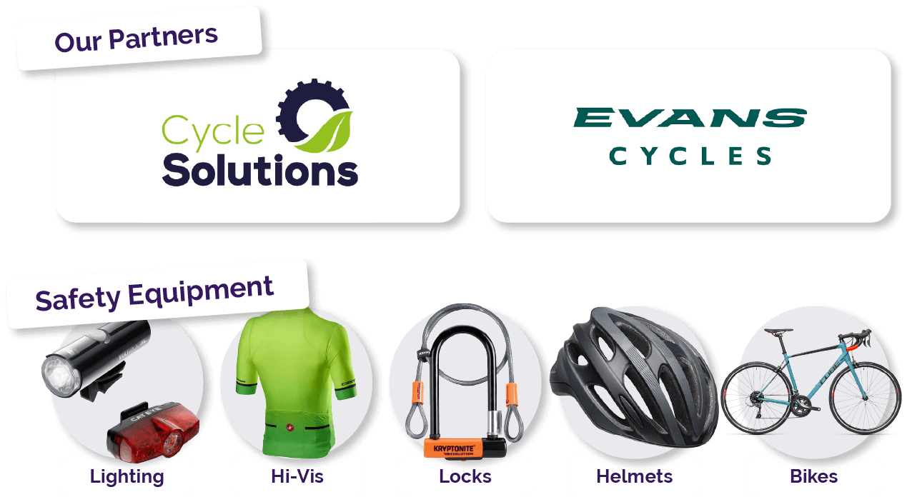 Cycle Solutions and Evans Cycles logos with lighting equipment, safety equipment, and a blue bike