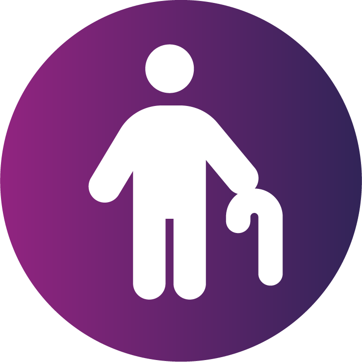 Purple icon indicating an elderly person with a walking support on a purple background