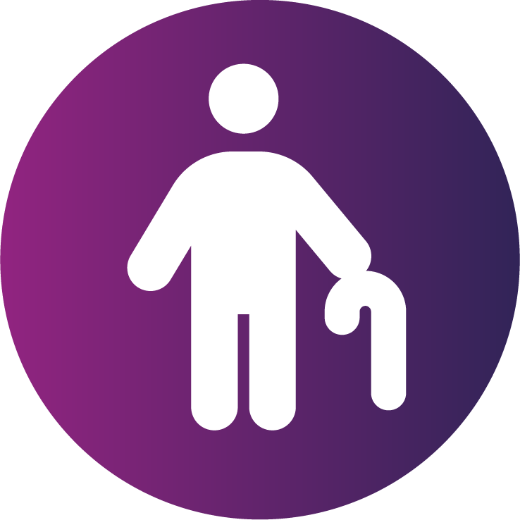 Purple icon indicating an elderly person with a walking support on a purple background