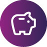 White outline of a piggy bank within a purple circle