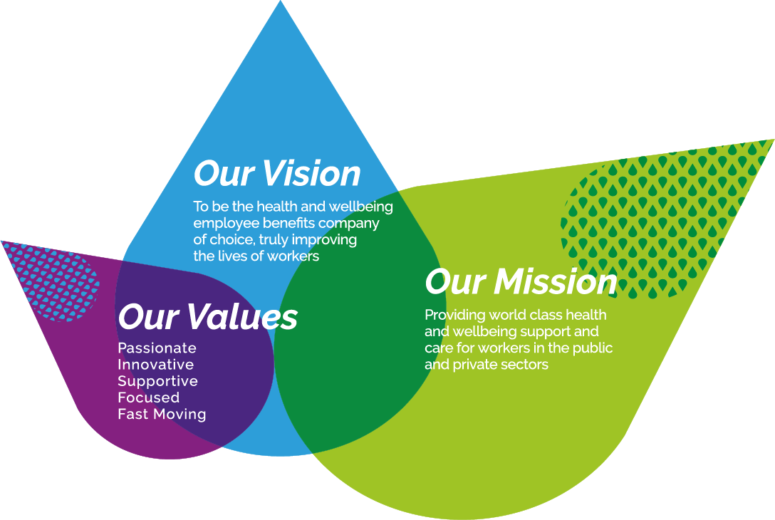 Vivup's vision, values, and mission infographic
