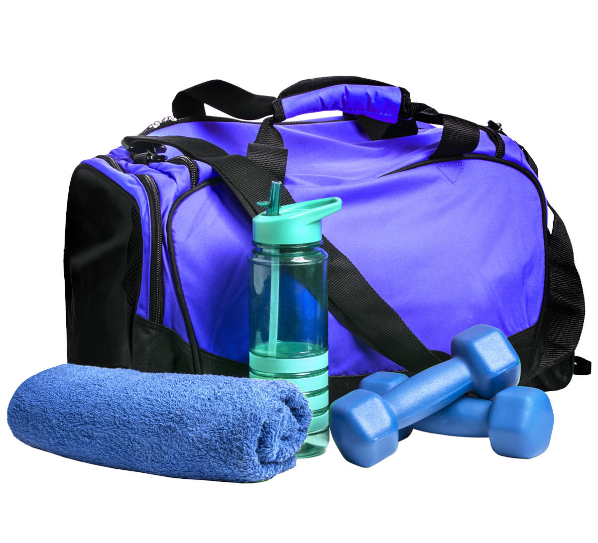 Blue gym bag with a water bottle, towel and hand weights