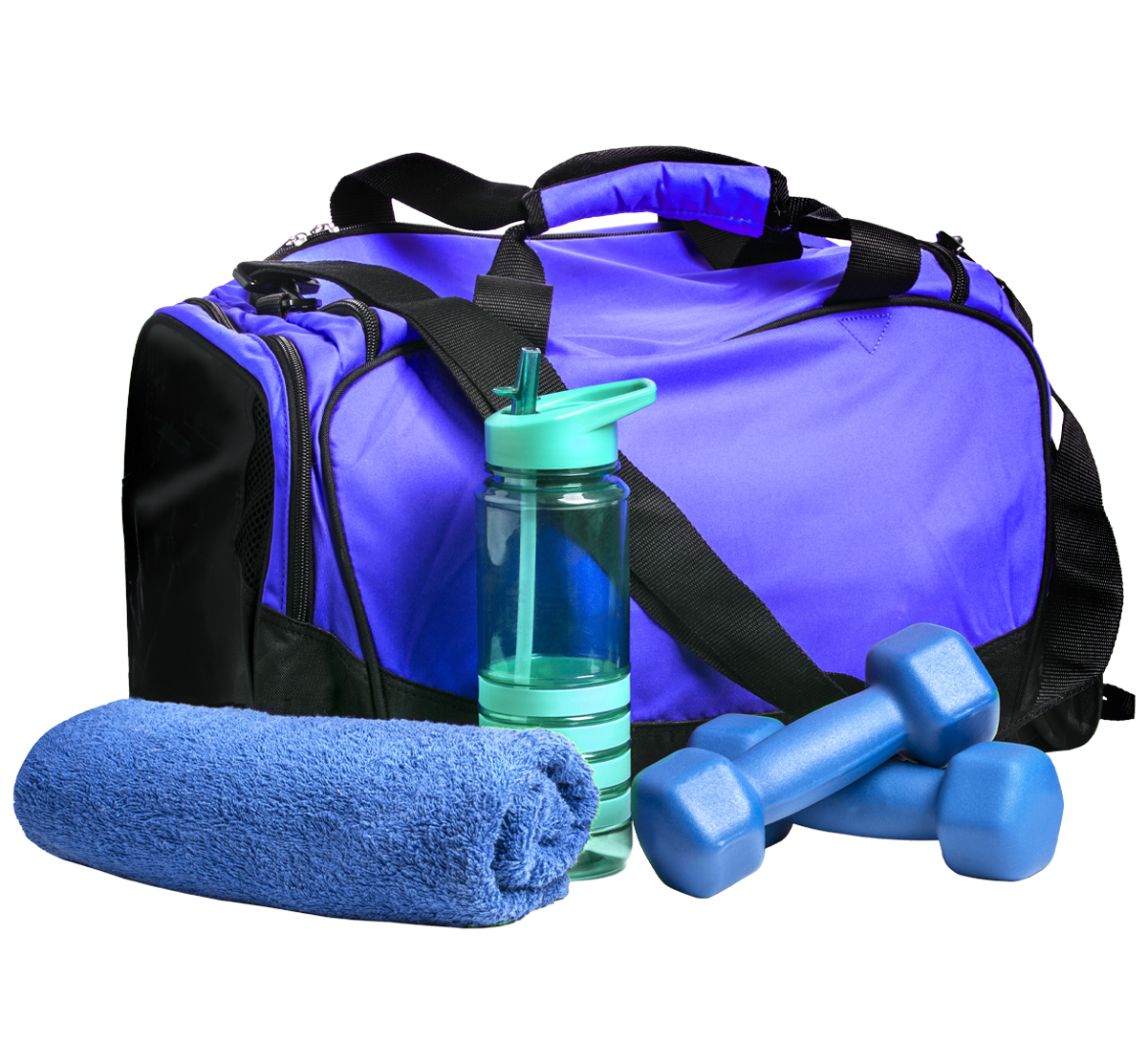 Blue gym bag with a water bottle, towel and hand weights