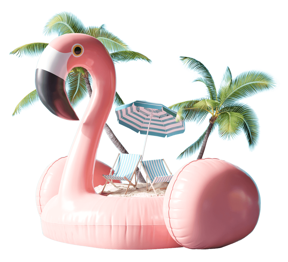 Image of an inflatable pink flamingo with a beach setting inside